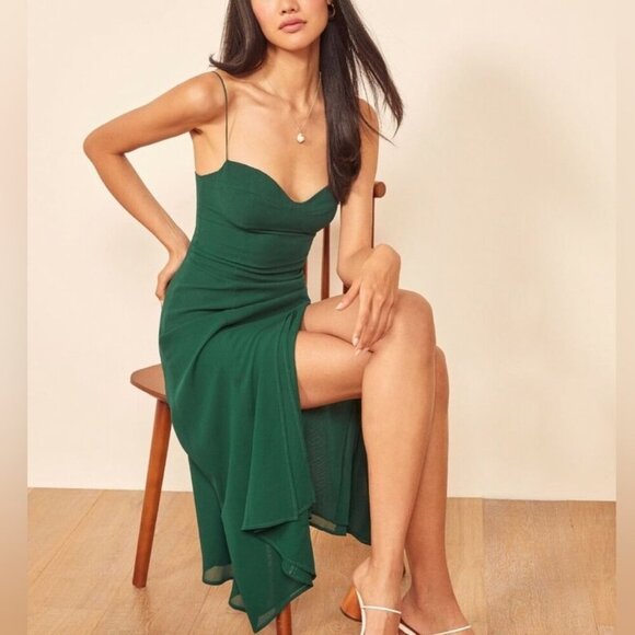 NEW Reformation Juliette Dress in Emerald Dark Green Side Slit | size 4 - Picture 3 of 9